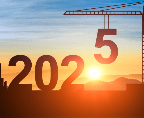 2025. New Year 2025. Construction crane sets numbers for New Year 2025. New Start motivation inspirational quote message on silhouette crane in sunset. Welcome Happy new year in 2025