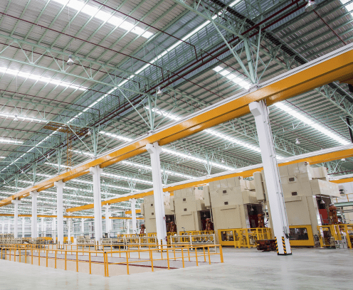 Inside an industrial warehouse