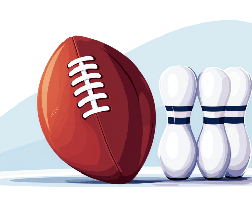 An illustration featuring a football next to three bowling pins on a soft background.