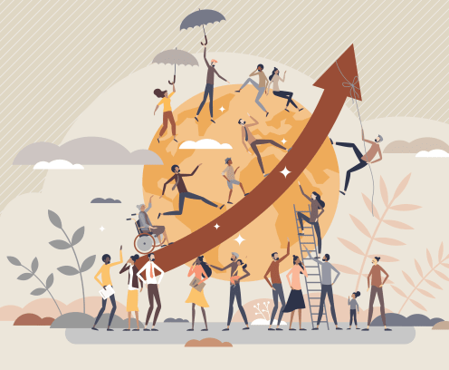 Overpopulation and human crowd density growth on earth tiny person concept. People count development and volume rising as demography statistics measurement vector illustration. Earth population scene.