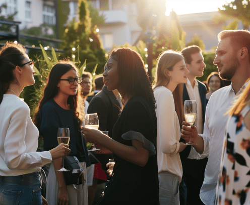 people gathering outside together with glasses of wine