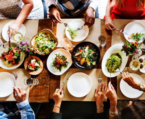 Aerial view of a table full of food