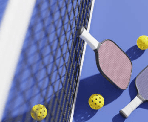 Pickleball paddles against the net with balls nearby.