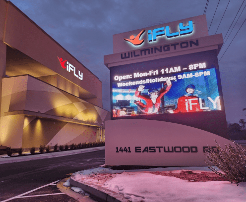 signage for iFly in Wilmington a skydiving experience built by CREW