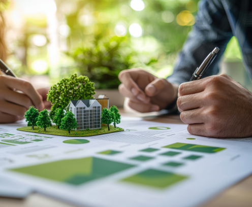 Two architects are analyzing blueprints for a sustainable building project, focusing on green energy solutions and eco-friendly design