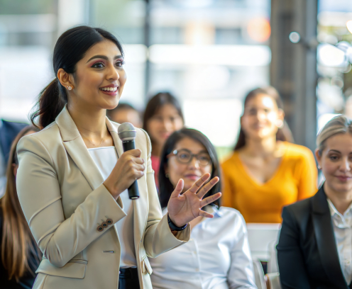 Woman speaking from audience of women professionals.