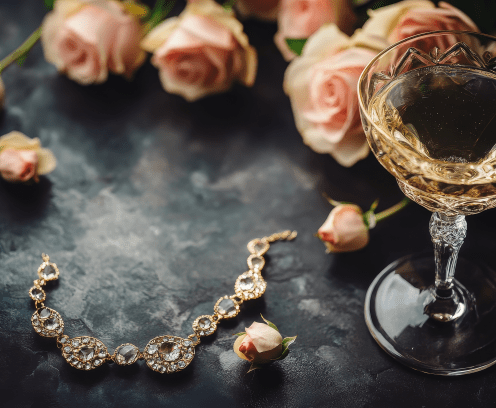Ornate bracelet with champagne and roses.