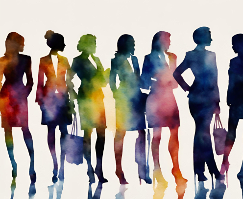 Silhouettes of seven business women in suits with colorful hues.