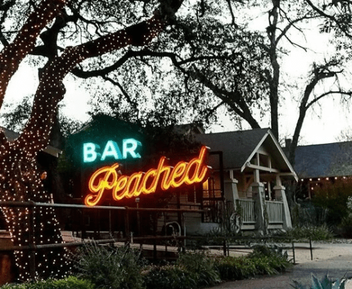 Large neon sign says "Bar Peached" in bright blue and orange, in front of a small building.