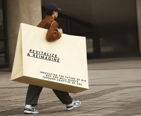 Man with large shopping bag that reads Revitalize and Reimagine, Innovating the Future of Bix Box and Mall Giants through adaptive re-use