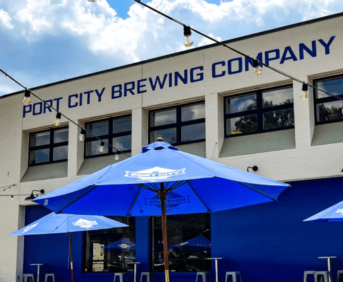 port city brewing building blue