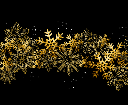 gold shiny snowflakes against a black background