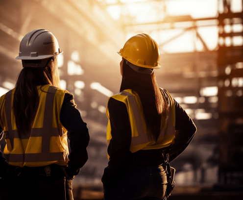 women on a construction site wearing hard hats looking up
