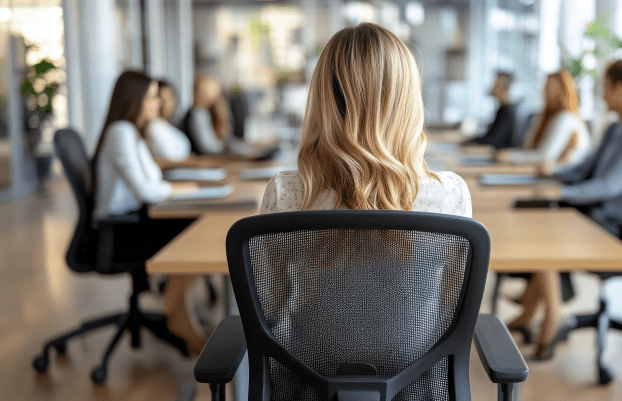 Woman leading business meeting in modern office setting.