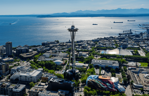 Seattle Space Needle with water in background and city in foreground