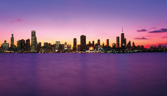 Chicago skyline at sunset