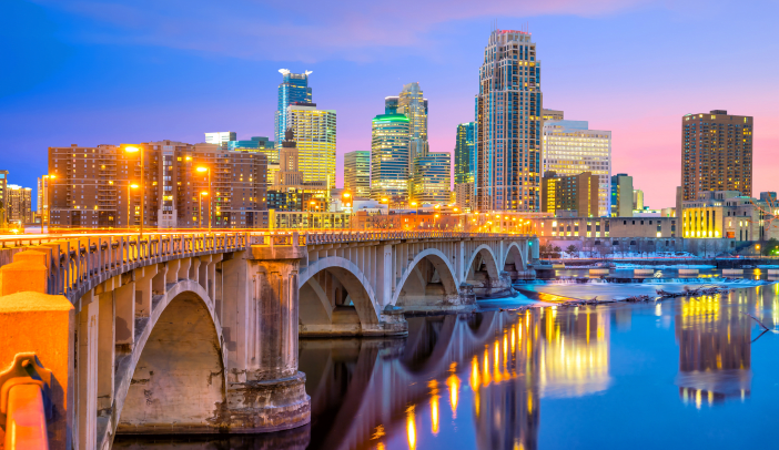 Minneapolis downtown skyline in Minnesota, USA at sunset