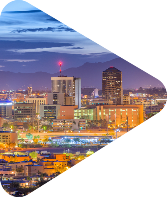 Tucson, Arizona, USA downtown skyline from Sentinel Peak at dawn.