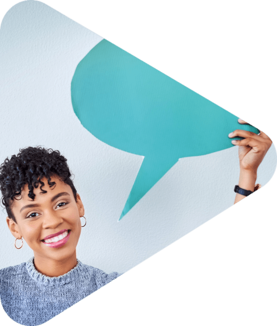 Studio, woman and portrait with speech bubble for opinion, voice and communication with mockup. Female person, advertising and marketing for product placement, billboard and info by gray background.