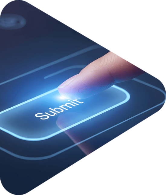 Close-up of a hand touching a digital submit button on a touch screen. The button glows with bright blue light, suggesting a high-tech interface. The hand is light-skinned, and the image is well-lit, with a focus on the interaction. The image has a modern and clean aesthetic, suitable for use in commercial or editorial contexts for showing a user interface or digital technology.