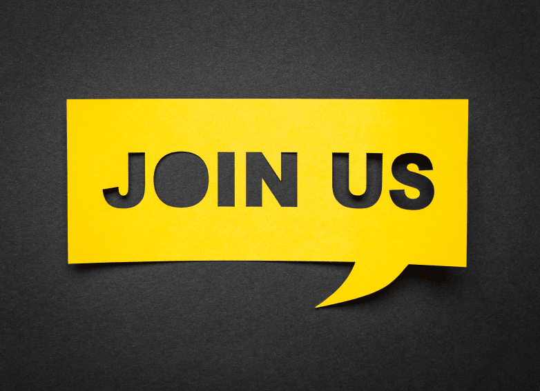 Bubble speech with cut out phrase "join us" in the paper.