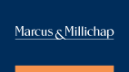 Marcus & Millichap logo navy and brown with white text
