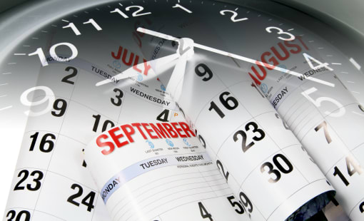 Several calendar months being flipped through inside a clock