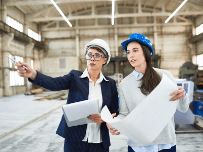 Portrait of two female engineers wearing hardhats standing in spacious workshop of modern plant pointing away and holding construction plans