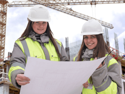 young students at construction site wearing hard hats with blueprints