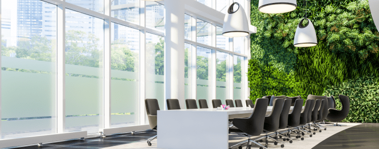 Green Wall in Office. Meeting hall in business center. Meeting interior. Vertical Garden