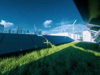 Modern black frameless solar panel farm, battery energy storage and wind turbines on fresh green grass under blue sky - concept of green sustainable energy  system. 3d rendering.