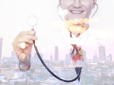 Smart healthcare hub disruption technology concept. Double exposure of professional doctor holding stethoscopes and metro city bokeh flare light in smart hospital.