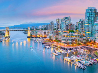 Beautiful view of downtown Vancouver skyline, British Columbia, Canada at sunset