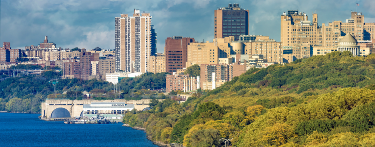 The West Side Park of Manhattan with Cathedral of St. John the Divine prominent in the background, New York City, USA