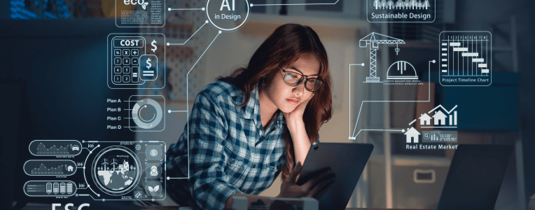 Woman engineer analyzes eco-friendly design on tablet. Futuristic business concept: Woman engineer analyzing eco-friendly design, project timeline, and ESG investment data on digital interface in office.