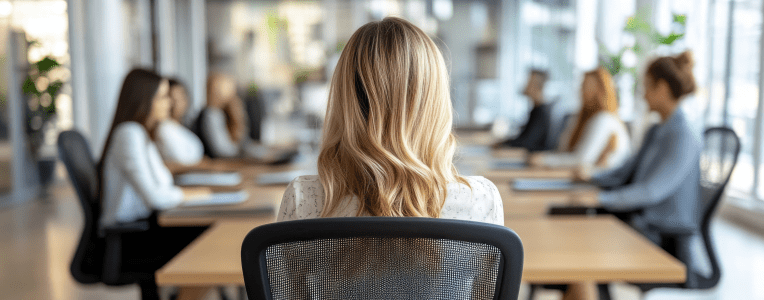Woman leading business meeting in modern office setting.