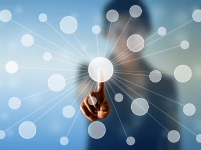 Business woman monitor pressing virtual network