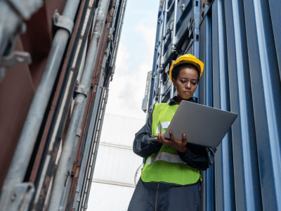 Young African American woman worker at overseas shipping container yard . Logistics supply chain management and international goods export concept .