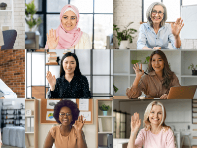 Colleagues greeting each other during online morning meeting. Video call screen with group of diverse office employees waving hello, nine people have video conference, involved in educational webinar