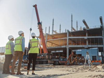 Diverse Team of Specialists Inspect Commercial, Industrial Building Construction Site. Real Estate Project with Civil Engineer, Investor and Worker. In the Background Crane, Skyscraper Formwork Frames