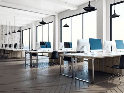 Minimalistic coworking office interior with equipment, furniture, city view and daylight. 3D Rendering