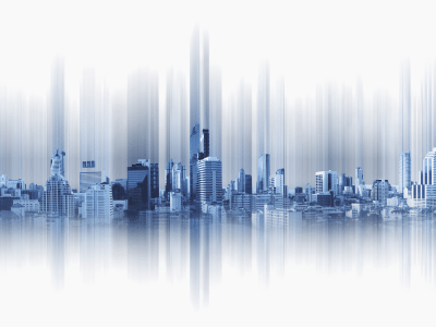 Blue panoramic city with motion graphic, technology city connection
