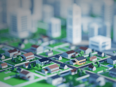 Clean, modern city with parks and green spaces. Digital 3D rendering.