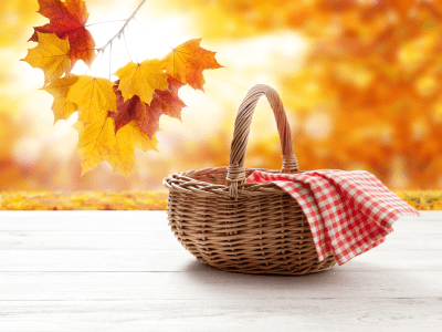 Empty basket with red napkin picnic on table place mockup. Autumn background,