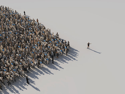 woman pointing as big crowd follows