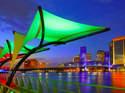 Jacksonville skyline sunset river reflection in Florida USA