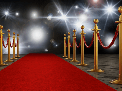 Red carpet and velvet ropes on gala night background. 3D illustration.