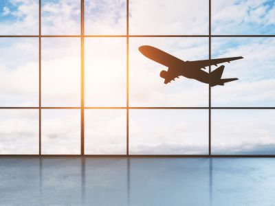 airport hall window floor-to-ceiling with take off aircraft behind it. 3d rendering