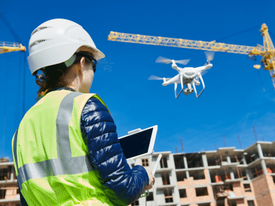 Construction female worker piloting drone at building site. video surveillance or industrial inspection