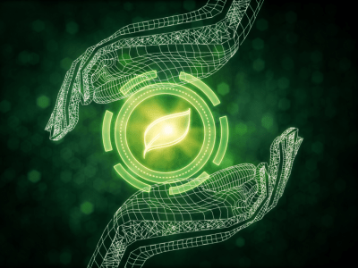 Abstract digital hands holding leaf icon on dark background. 3D Rendering. Go green concept